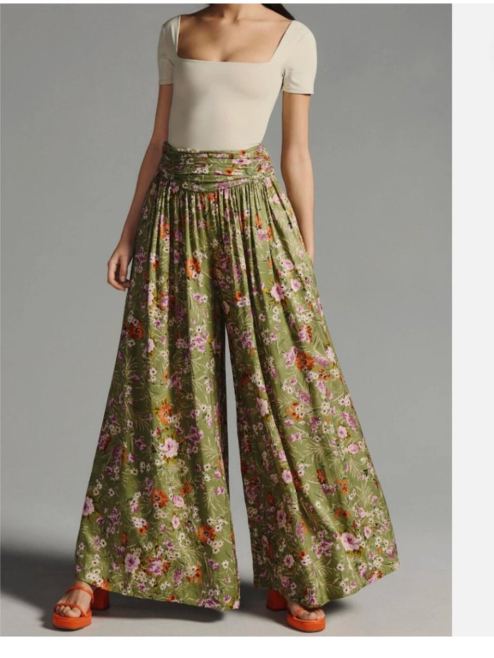Anthropologie Olive Floral Wide-Leg Boho Trousers Flowy Palazzo Pants Size 10